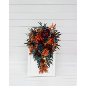 Teal rust gold cascading bouquet. Orange burgundy bridal bouquet. Fall wedding. Silk flowers. Boho wedding. Halloween wedding. Jewel-tone wedding. 5311