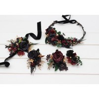 Black burgundy gold  flower crown. Hair wreath. Flower girl crown. Wedding flowers. 5305