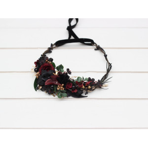 Black burgundy gold  flower crown.  Flower girl hair wreath. 5305