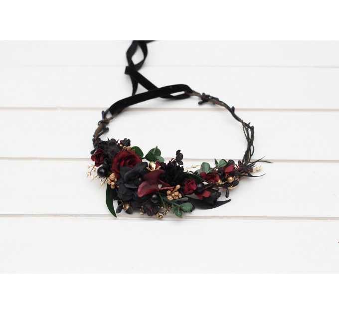 Black burgundy gold  flower crown. Hair wreath. Flower girl crown. Wedding flowers. 5305