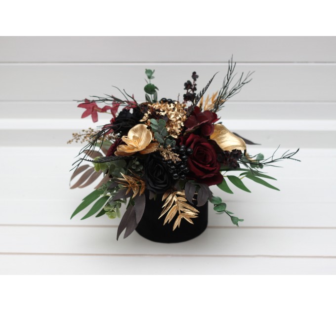 Black burgundy gold centerpiece. Table decor. Wedding flowers in box. 5305