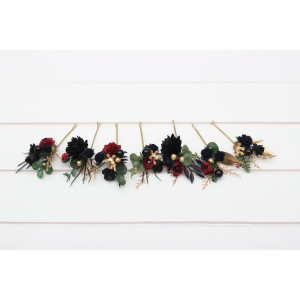  Set of  7 hair pins in black burgundy gold  color scheme. Hair accessories. Flower accessories for wedding.  5305