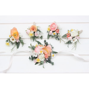  Wedding boutonnieres and wrist corsage  in blush pink white peach yellow color scheme. 5301