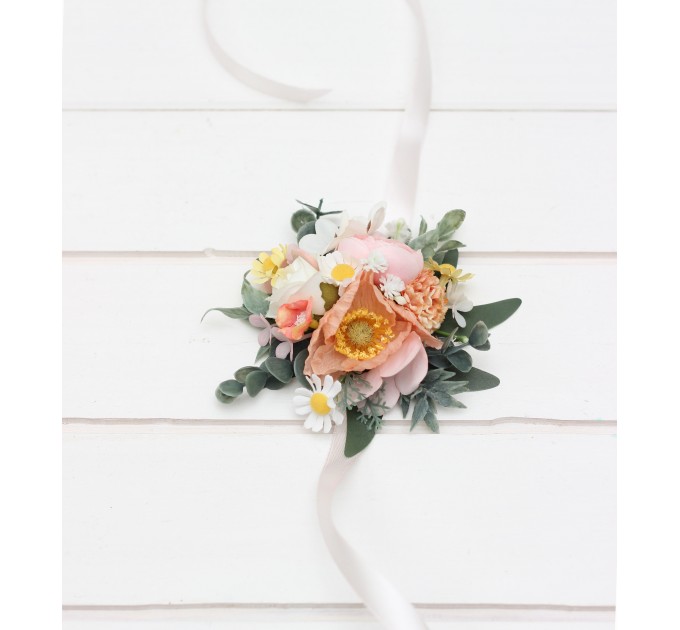  Wedding boutonnieres and wrist corsage  in blush pink white peach yellow color scheme. Flower accessories. 5301