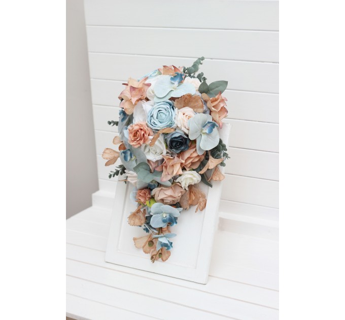 Bouquets in sky blue dusty terracotta beige color theme. Bridal bouquet. Faux bouquet. Bridesmaid bouquet. 5314