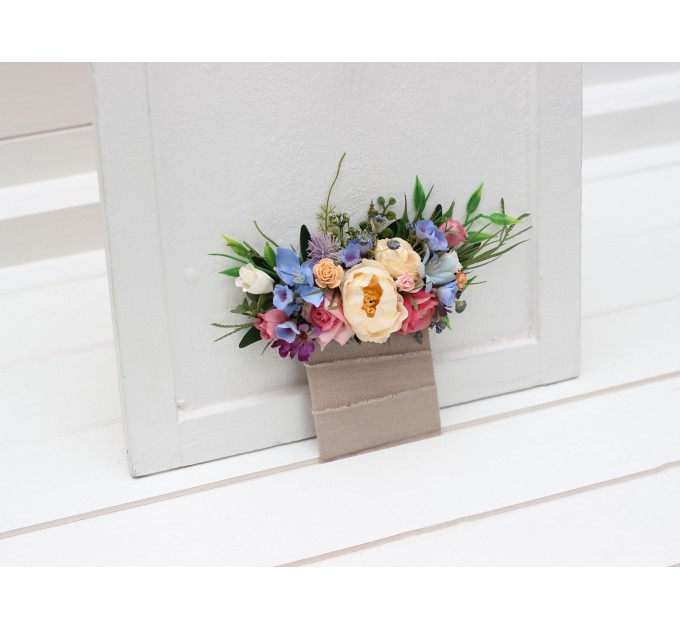 Pocket boutonniere in сream pink blue peach color scheme. Flower accessories. Pocket flowers. Square flowers. 5318