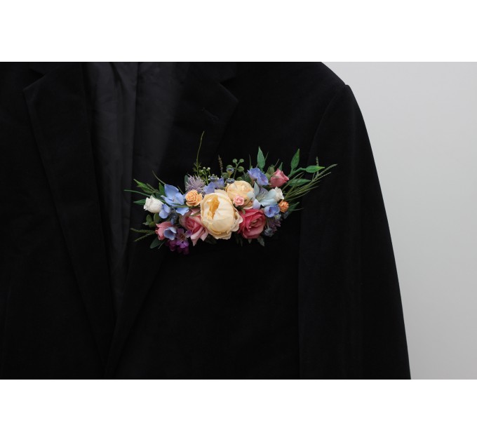 Pocket boutonniere in сream pink blue peach color scheme. Flower accessories. Pocket flowers. Square flowers. 5318
