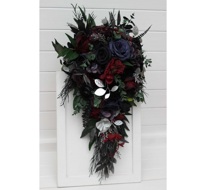 Bouquets in purple black navy blue burgundy silver green color theme. Bridal bouquet. Faux bouquet. Bridesmaid bouquet. 5320