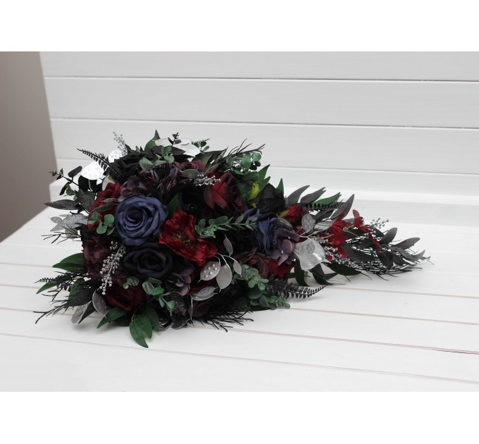 Bouquets in purple black navy blue burgundy silver green color theme. Bridal bouquet. Faux bouquet. Bridesmaid bouquet. 5320