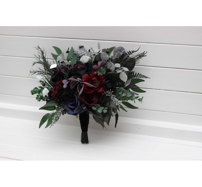 Bouquets in purple black navy blue burgundy silver green color theme. Bridal bouquet. Faux bouquet. Bridesmaid bouquet. 5320