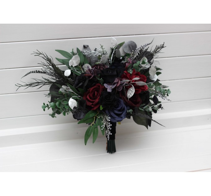 Bouquets in purple black navy blue burgundy silver green color theme. Bridal bouquet. Faux bouquet. Bridesmaid bouquet. 5320