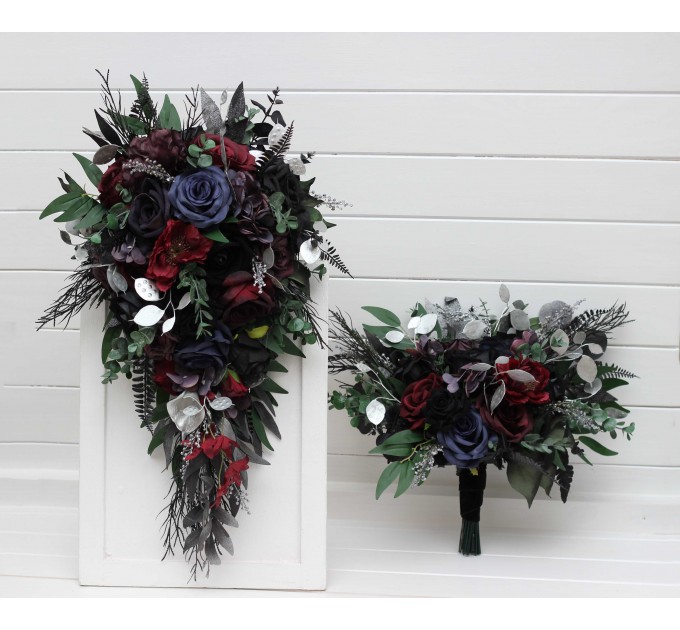 Bouquets in purple black navy blue burgundy silver green color theme. Bridal bouquet. Faux bouquet. Bridesmaid bouquet. 5320