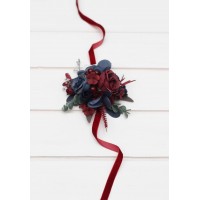  Wedding boutonnieres and wrist corsage  in burgundy white navy blue color scheme. Flower accessories. 5051