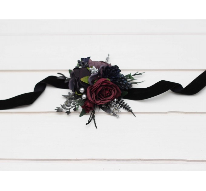  Wedding boutonnieres and wrist corsage  in purple black navy blue burgundy silver green color scheme. Flower accessories. Pocket boutonniere. 5320