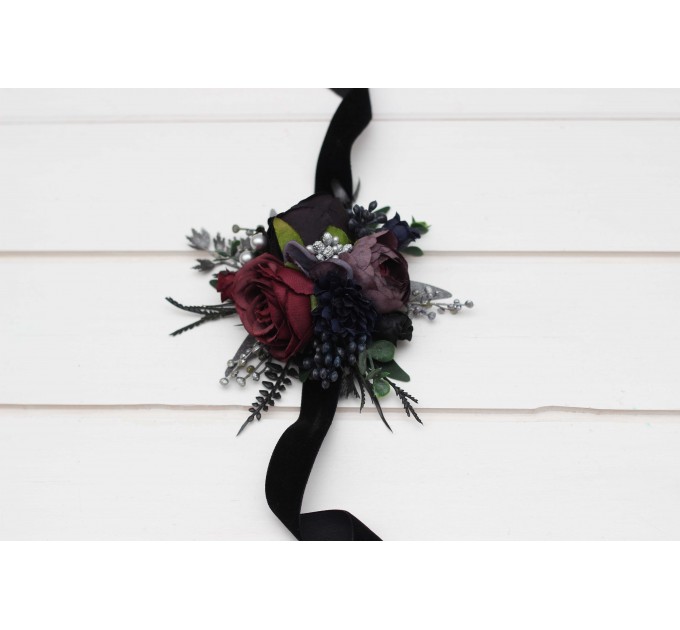  Wedding boutonnieres and wrist corsage  in purple black navy blue burgundy silver green color scheme. Flower accessories. Pocket boutonniere. 5320