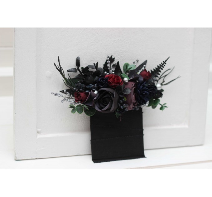  Wedding boutonnieres and wrist corsage  in purple black navy blue burgundy silver green color scheme. Flower accessories. Pocket boutonniere. 5320