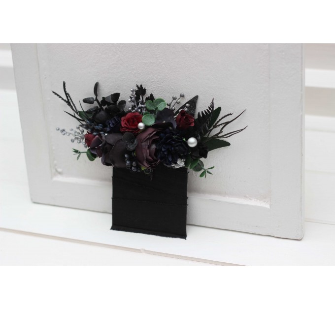  Wedding boutonnieres and wrist corsage  in purple black navy blue burgundy silver green color scheme. Flower accessories. Pocket boutonniere. 5320