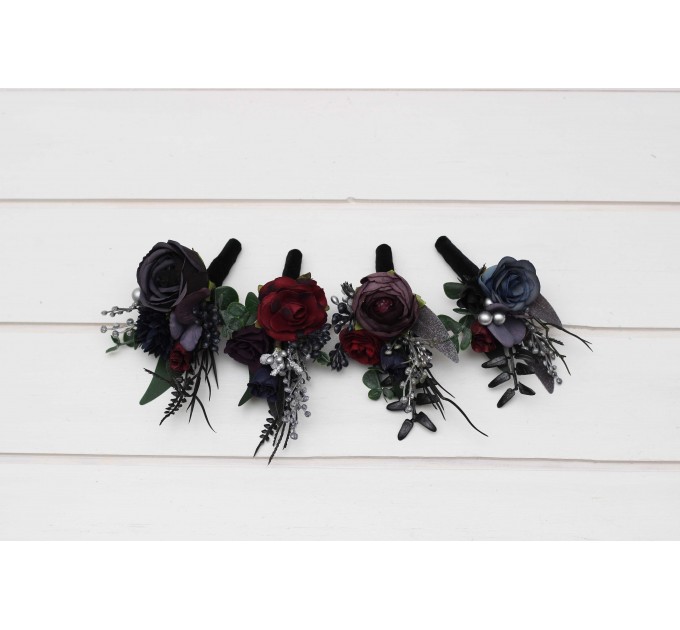  Wedding boutonnieres and wrist corsage  in purple black navy blue burgundy silver green color scheme. Flower accessories. Pocket boutonniere. 5320