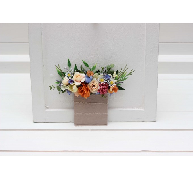 Pocket boutonniere in orange peach blue color scheme. Flower accessories. Pocket flowers. Square flowers. 5319