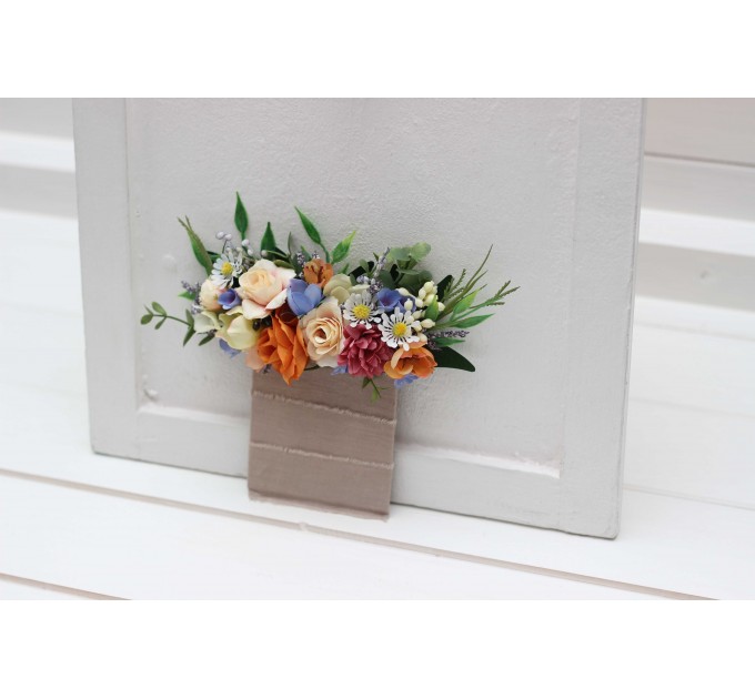 Pocket boutonniere in orange peach blue color scheme. Flower accessories. Pocket flowers. Square flowers. 5319