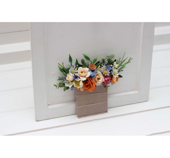 Pocket boutonniere in orange peach blue color scheme. Flower accessories. Pocket flowers. Square flowers. 5319