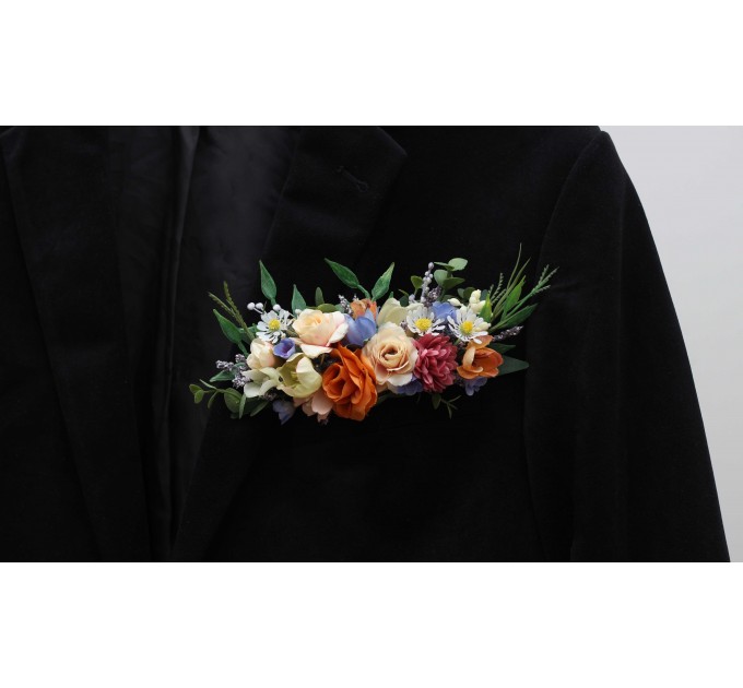 Pocket boutonniere in orange peach blue color scheme. Flower accessories. Pocket flowers. Square flowers. 5319