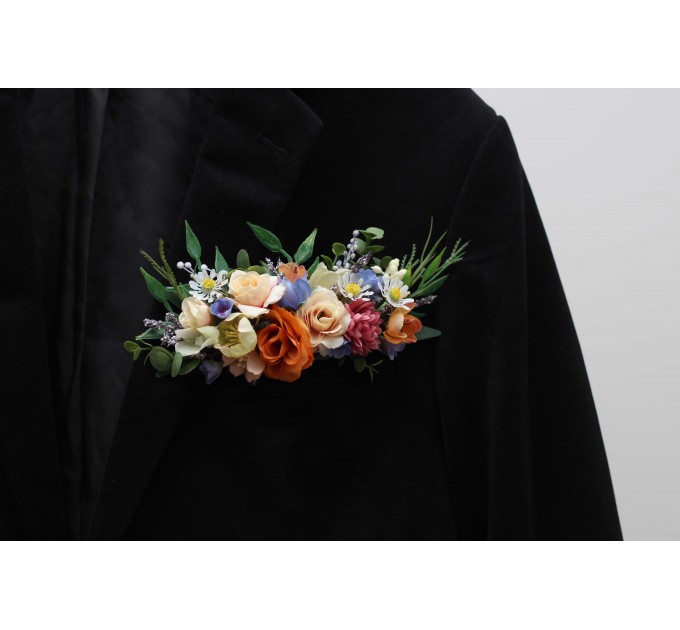 Pocket boutonniere in orange peach blue color scheme. Flower accessories. Pocket flowers. Square flowers. 5319