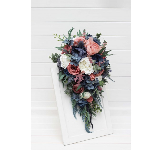 Wedding bouquets in dusty rose mauve navy blue colors. Bridal bouquet. Faux bouquet. Bridesmaid bouquet. 5046