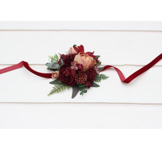 Pocket boutonniere in burgundy dusty rose color scheme. Flower accessories. Pocket flowers. Square flowers. 5293