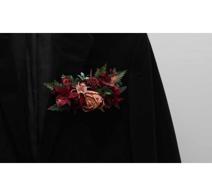 Pocket boutonniere in burgundy dusty rose color scheme. Flower accessories. Pocket flowers. Square flowers. 5293