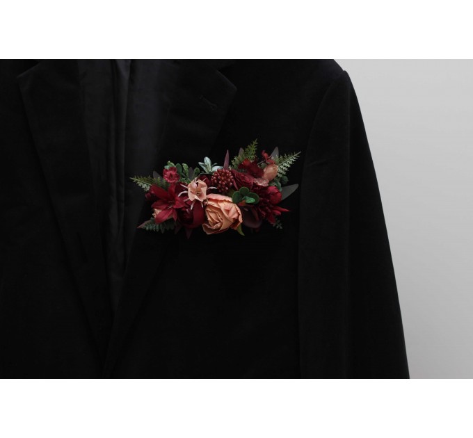 Pocket boutonniere in burgundy dusty rose color scheme. Flower accessories. Pocket flowers. Square flowers. 5293