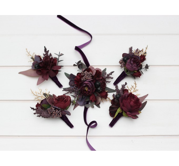  Wedding boutonnieres and wrist corsage  in purple burgundy gold color scheme. Flower accessories. 5223