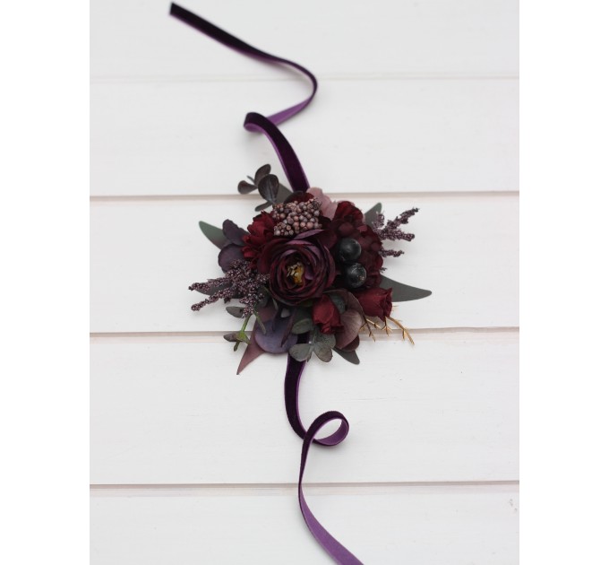  Wedding boutonnieres and wrist corsage  in purple burgundy gold color scheme. Flower accessories. 5223