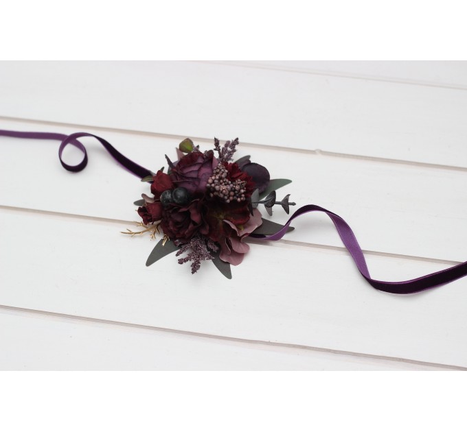  Wedding boutonnieres and wrist corsage  in purple burgundy gold color scheme. Flower accessories. 5223