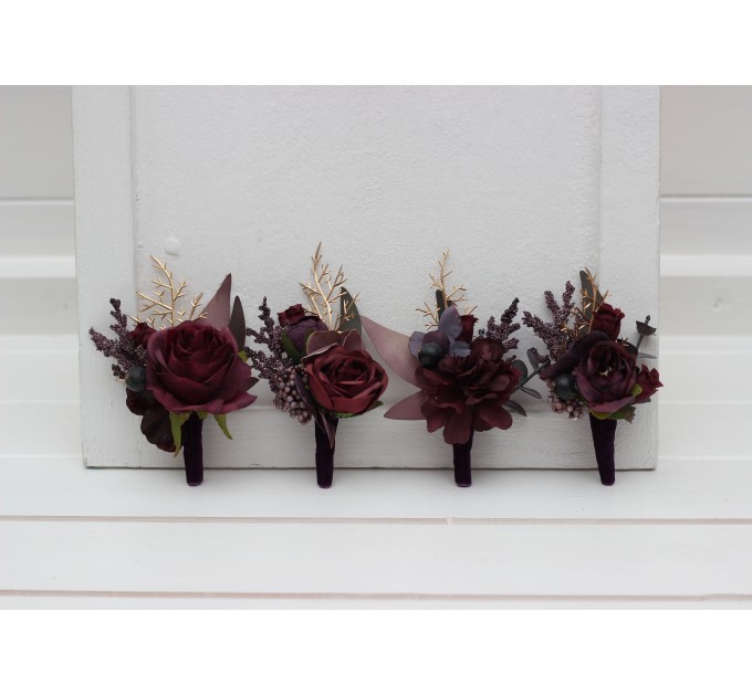  Wedding boutonnieres and wrist corsage  in purple burgundy gold color scheme. Flower accessories. 5223