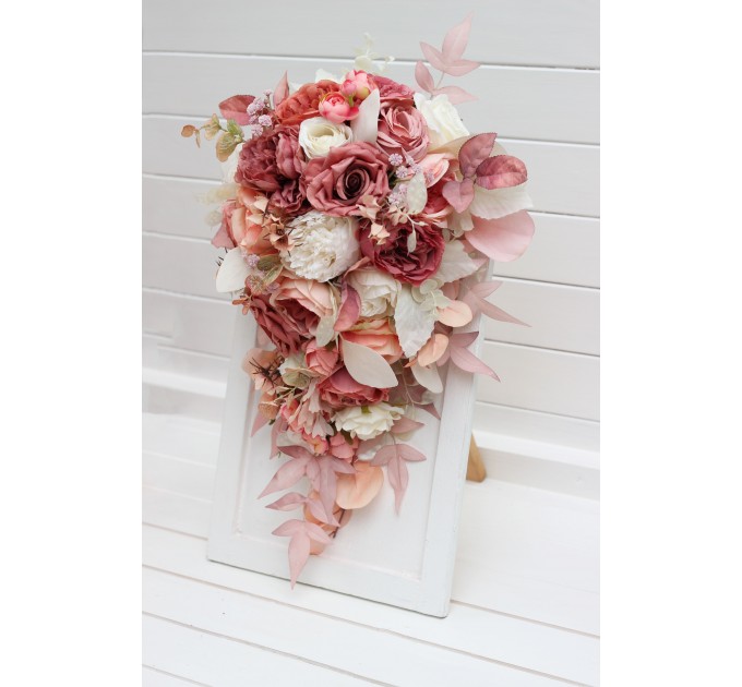 Cascade Bridal and Bridesmaid Bouquets in Dusty Rose and Cream