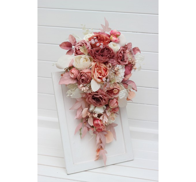 Cascade Bridal and Bridesmaid Bouquets in Dusty Rose and Cream