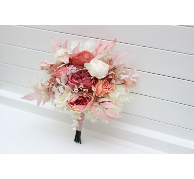 Cascade Bridal and Bridesmaid Bouquets in Dusty Rose and Cream