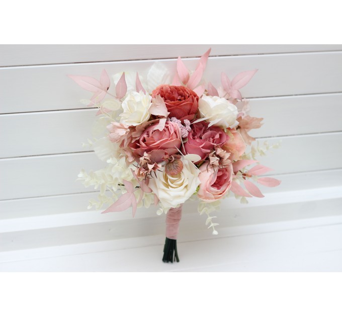 Cascade Bridal and Bridesmaid Bouquets in Dusty Rose and Cream