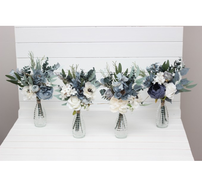 Mini bouquets for vases. Flowers for wedding decor. Dusty blue white bouquts. Centerpiece. 0508