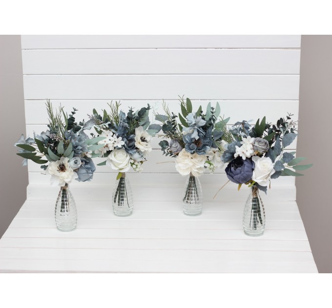 Mini bouquets for vases. Flowers for wedding decor. Dusty blue white bouquts. Centerpiece. 0508