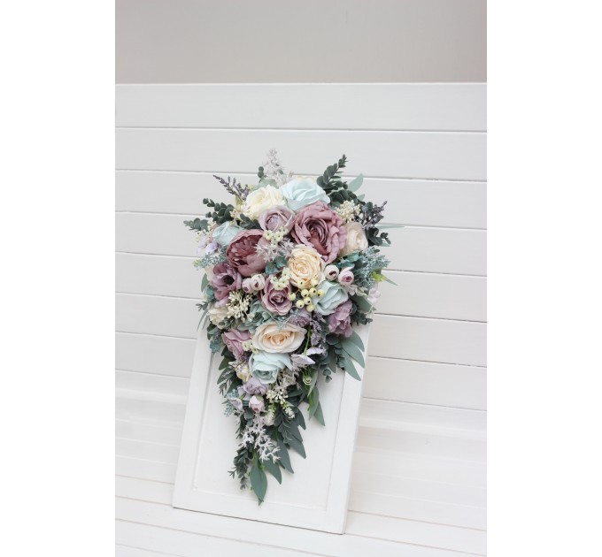 Bouquets in dusty purple pale turquoise cream color theme. Bridal bouquet. Faux bouquet. Bridesmaid bouquet. 5322