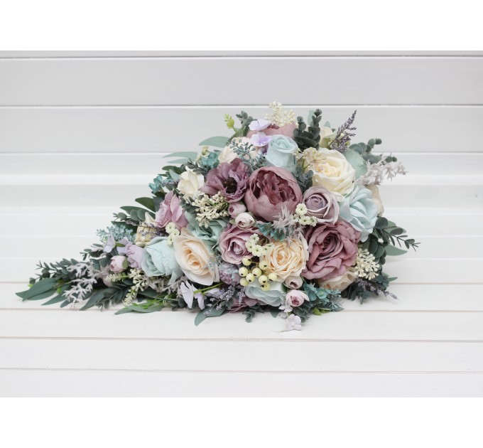 Bouquets in dusty purple pale turquoise cream color theme. Bridal bouquet. Faux bouquet. Bridesmaid bouquet. 5322