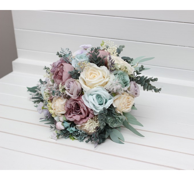 Bouquets in dusty purple pale turquoise cream color theme. Bridal bouquet. Faux bouquet. Bridesmaid bouquet. 5322