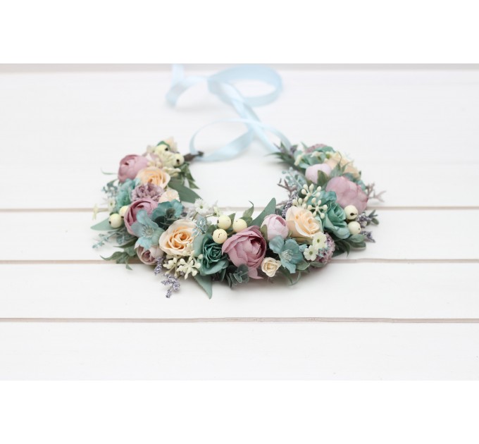 Dusty purple pale turquoise cream flower crown. Hair wreath. Flower girl crown. Wedding flowers. 5322