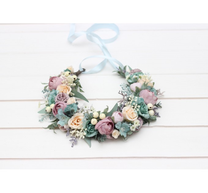 Dusty purple pale turquoise cream flower crown. Hair wreath. Flower girl crown. Wedding flowers. 5322