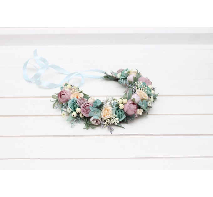 Dusty purple pale turquoise cream flower crown. Hair wreath. Flower girl crown. Wedding flowers. 5322