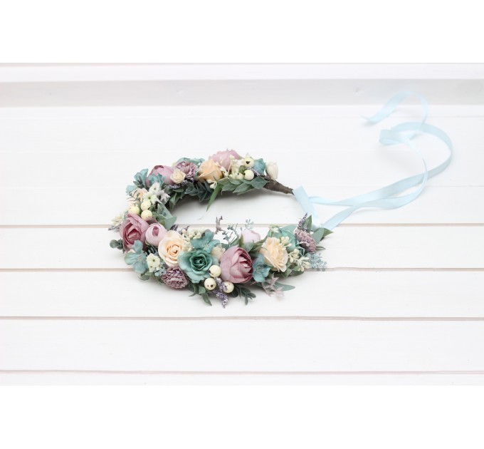 Dusty purple pale turquoise cream flower crown. Hair wreath. Flower girl crown. Wedding flowers. 5322