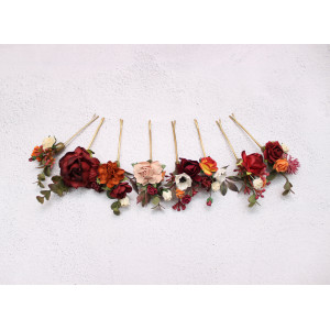  Set of  8 bobby pins in rust burgundy dusty rose ivory color scheme. Hair accessories. Flower accessories for wedding.  0039