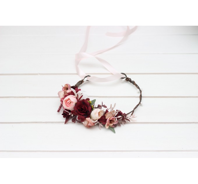 Burgundy blush pink dusty rose flower crown. Hair wreath. Flower girl crown. Wedding flowers. 5256